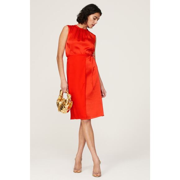 ATLIEN Red Satin Ruffle Sleeveless Crewneck Waist Tie Shift Dress Size Large - Picture 1 of 11